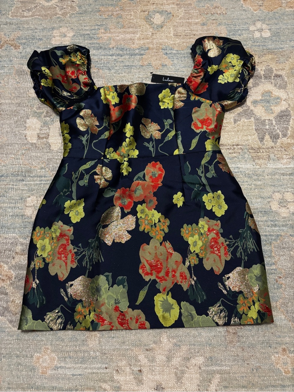 Lulu's Navy Puff-Sleeve Floral Dress with Gold Shimmer